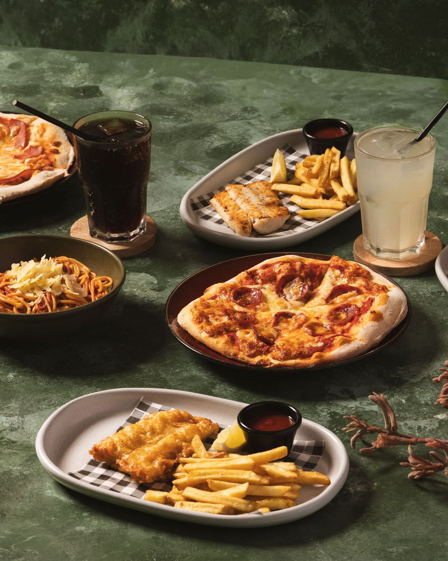 Kids meals at the Parkwood Village bistro: pizza, spaghetti, fish and chips and a cheeseburger