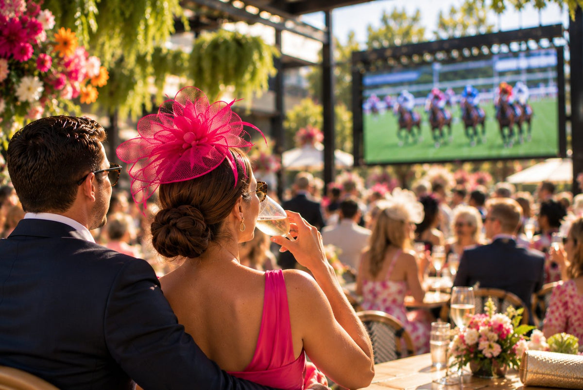 Couple in Melbourne Cup fashion enjoying bubbles while watching the race on the big screen